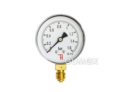 Manometer štandardný so spodným vývodom, priemer 63mm, vonkajší závit G 1/4", 0-1,6bar, trieda presnosti 1,6%, priezor akryl, púzdro oceľ, -40°C/+60°C